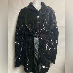 NWT Ashley Stewart Black Sequined Jacket Size 22/24 With A Vegan Leather Belt